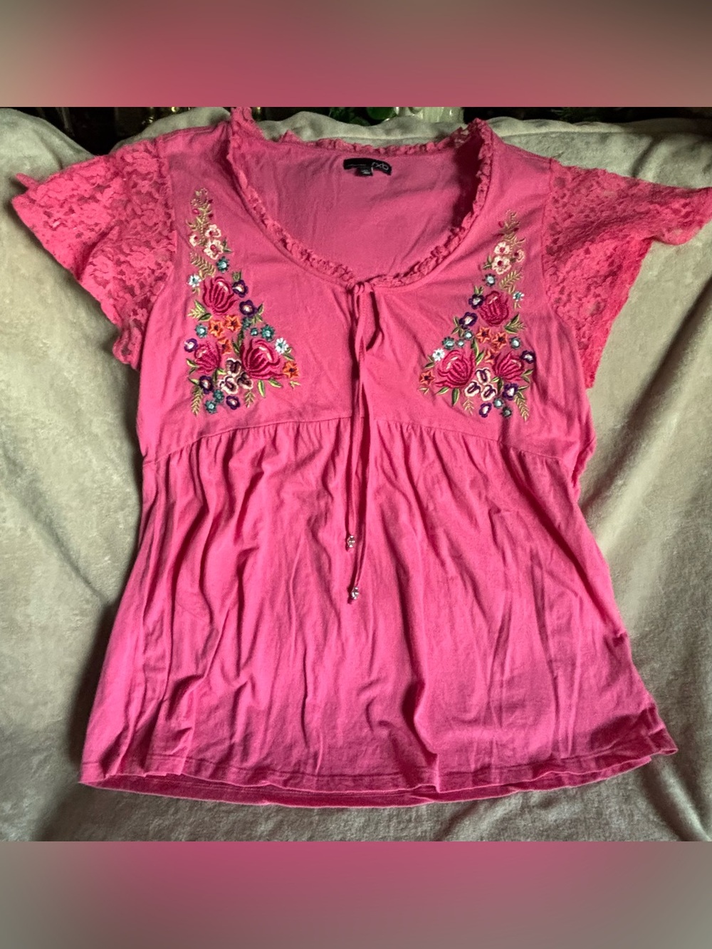 Boho RXB Bright Pink Embroidered Lace Sleeve Blouse  XL